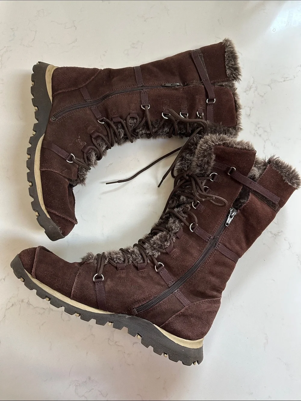 Skechers Women's Dark Brown Suede Faux-Fur Lace-Up Winter Boots